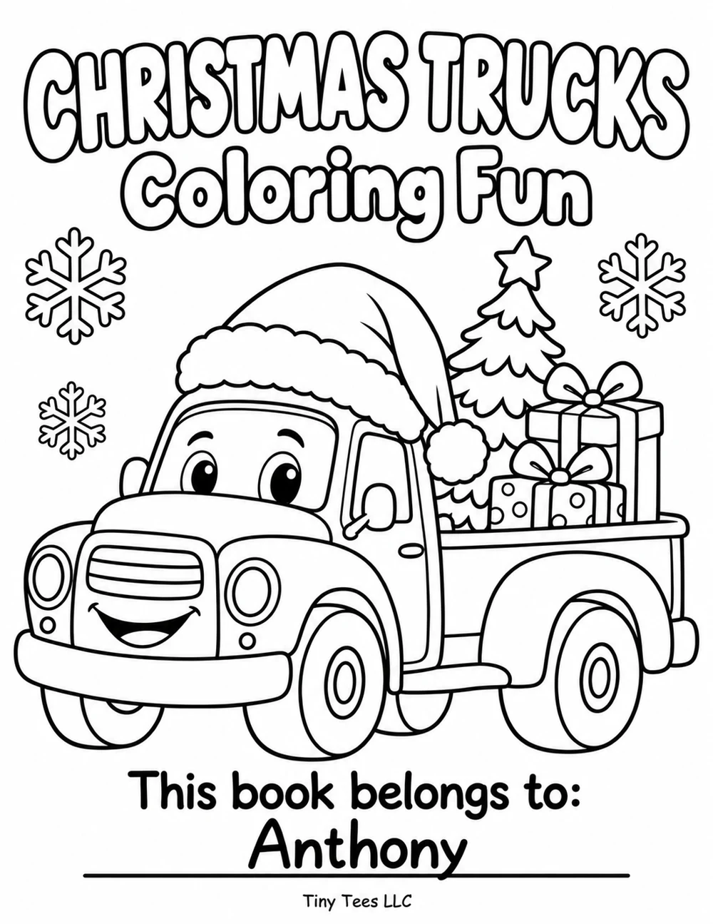 Christmas Trucks sample coloring book cover personalized for Anthony