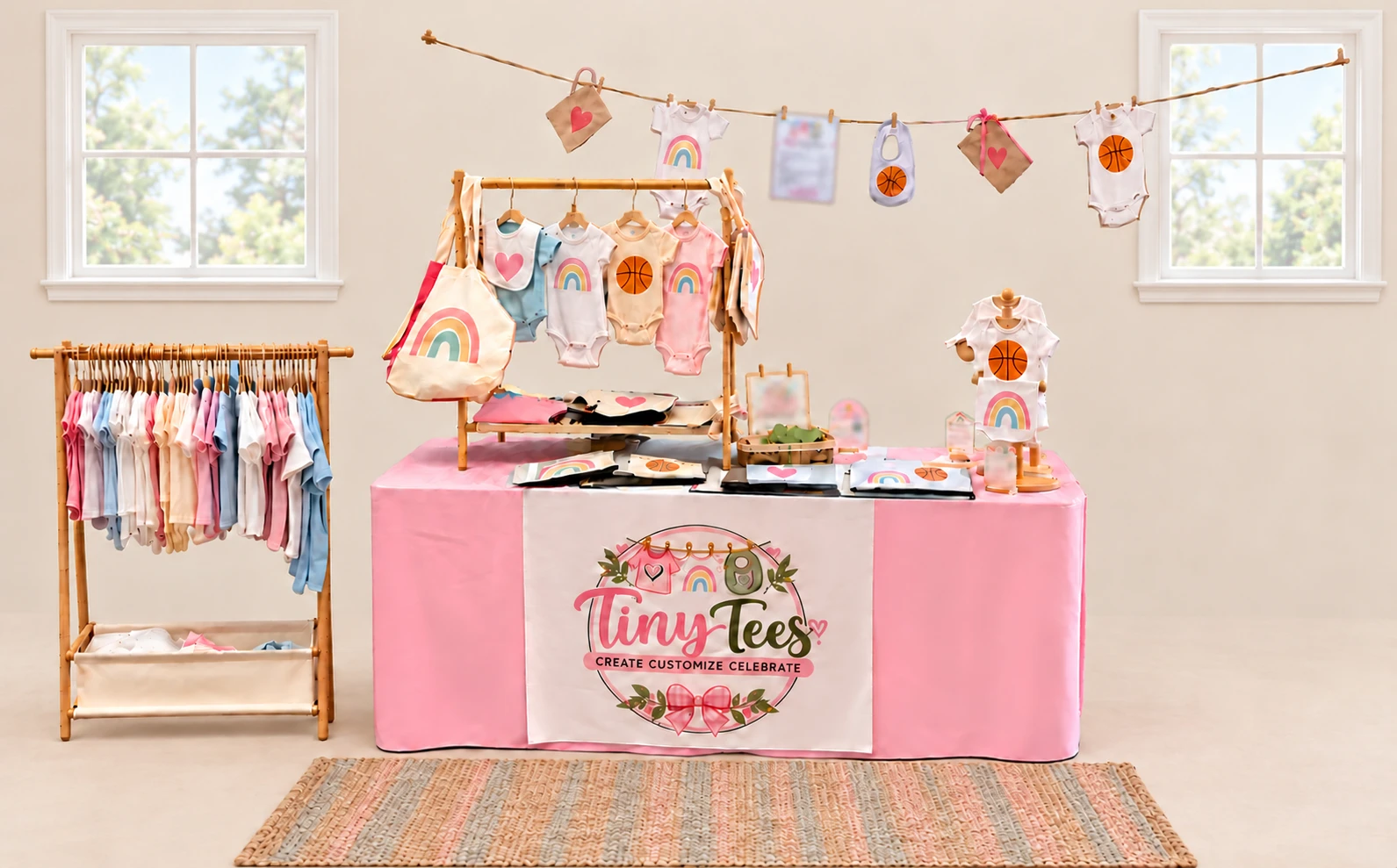 Tiny Tees Celebration Station with pink display table, pastel apparel, two windows and a striped rug