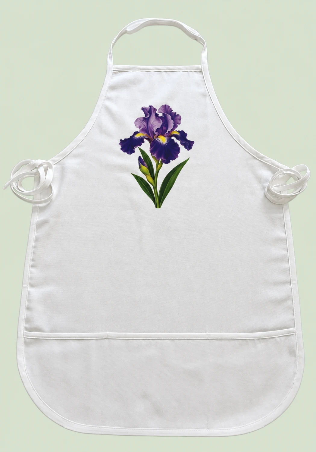 Adult Apron with a purple iris design on a light sage green background