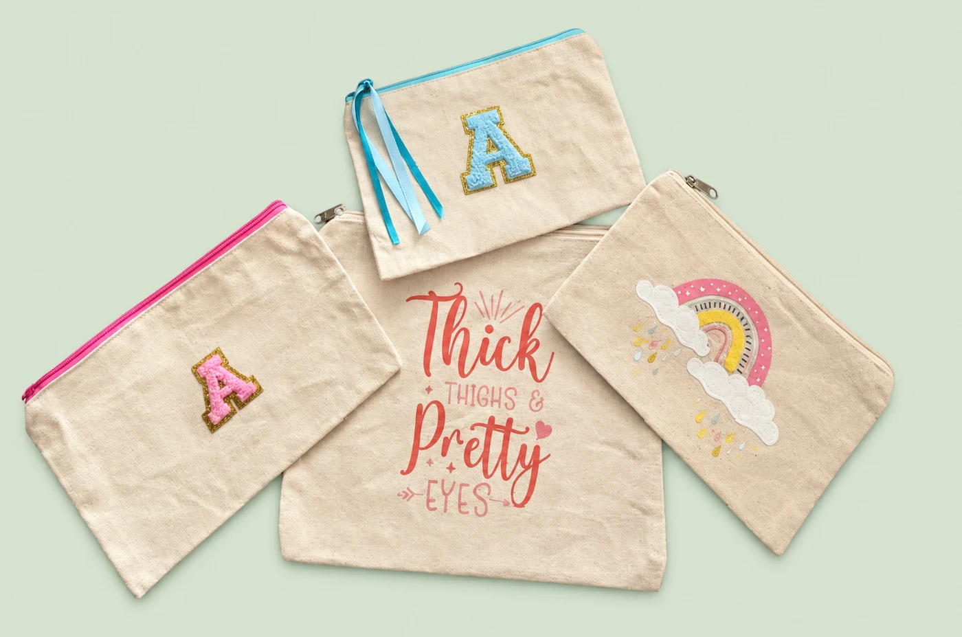 Personalized pouches on a light sage green background