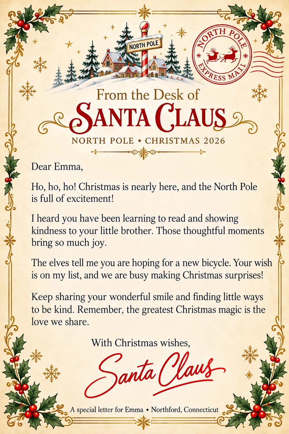 Sample personalized Classic North Pole letter addressed to Emma