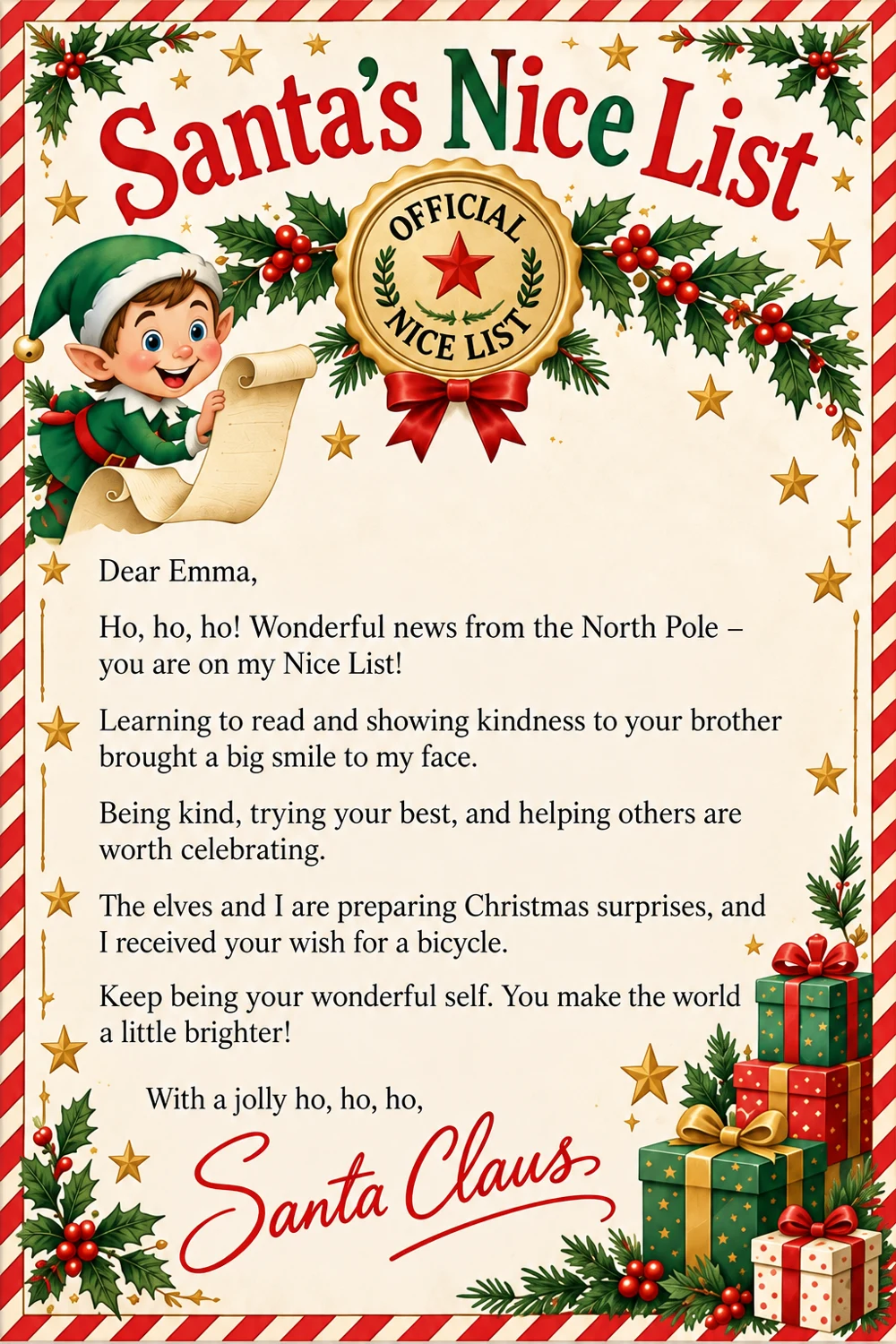 Sample personalized Santa’s Nice List letter addressed to Emma