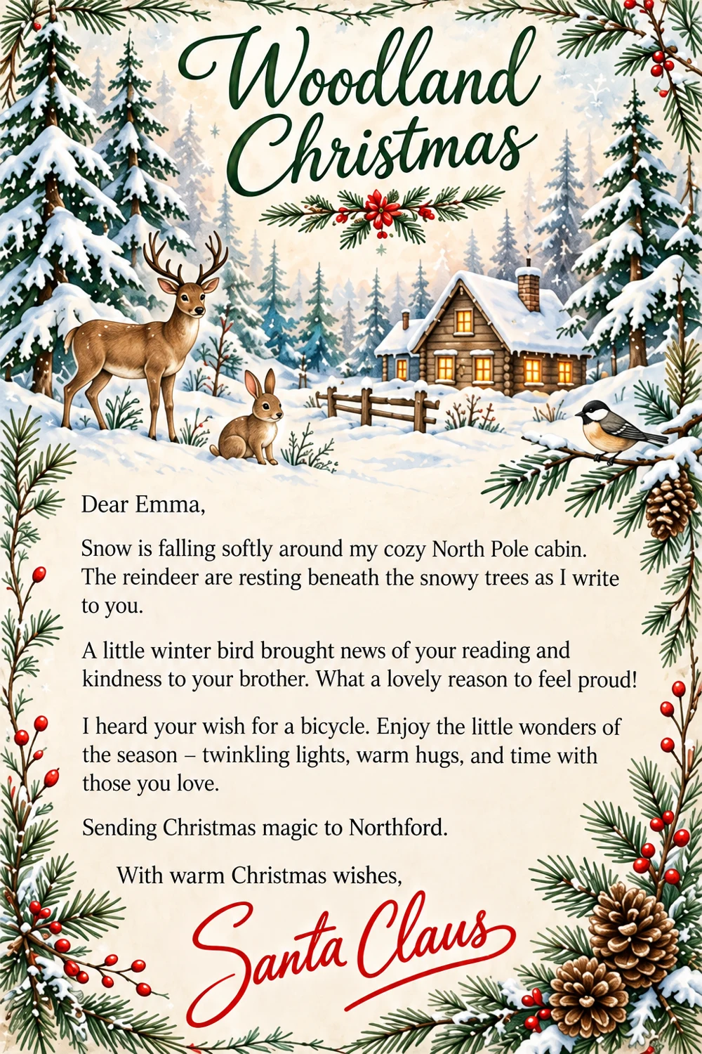 Sample personalized Woodland Christmas letter addressed to Emma