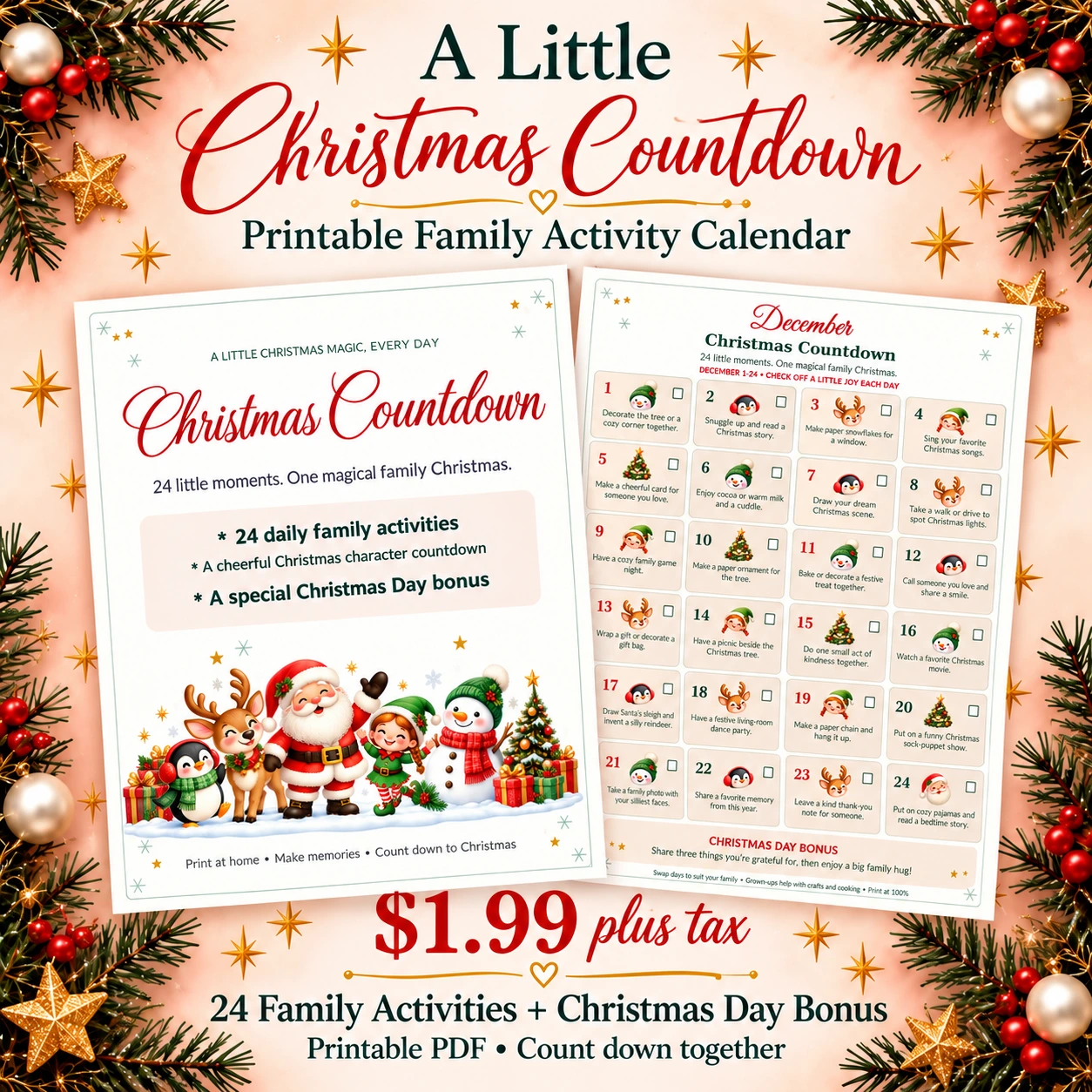 Christmas Countdown with a girl elf, Santa and festive friends, $1.99 plus tax