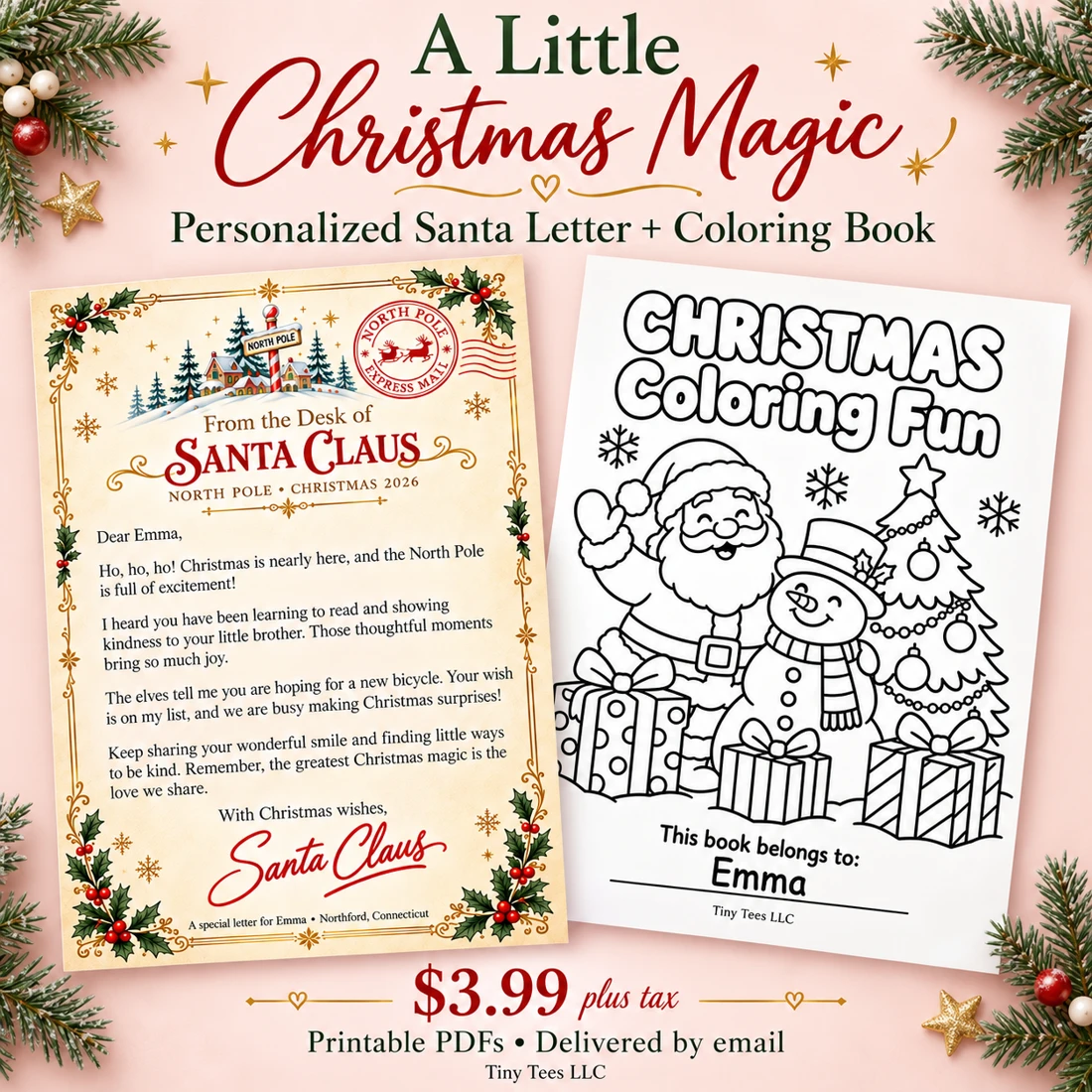 Personalized Santa letter and Christmas coloring book for Emma together, $3.99 plus tax