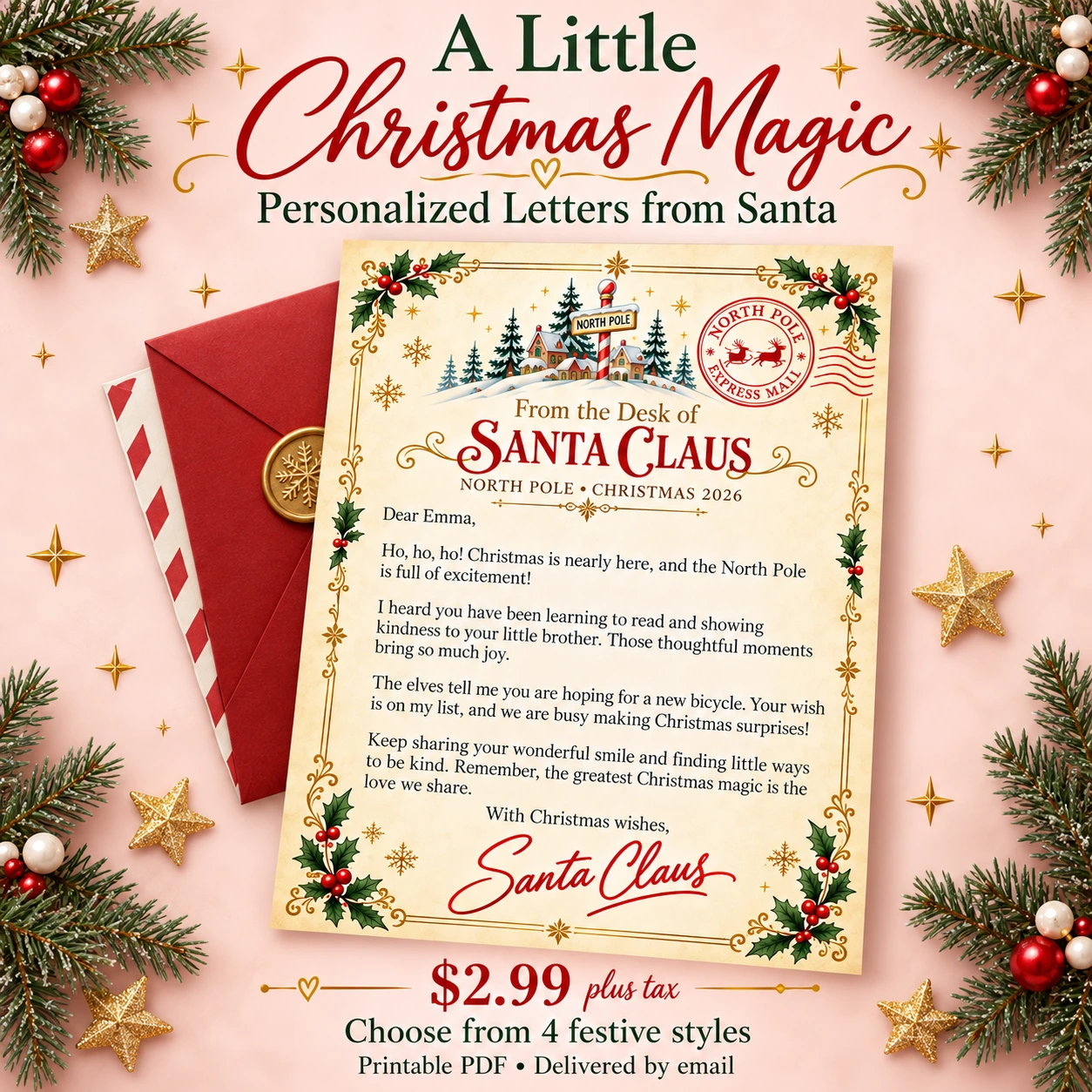 Personalized letters from Santa, four festive styles, $2.99 plus tax
