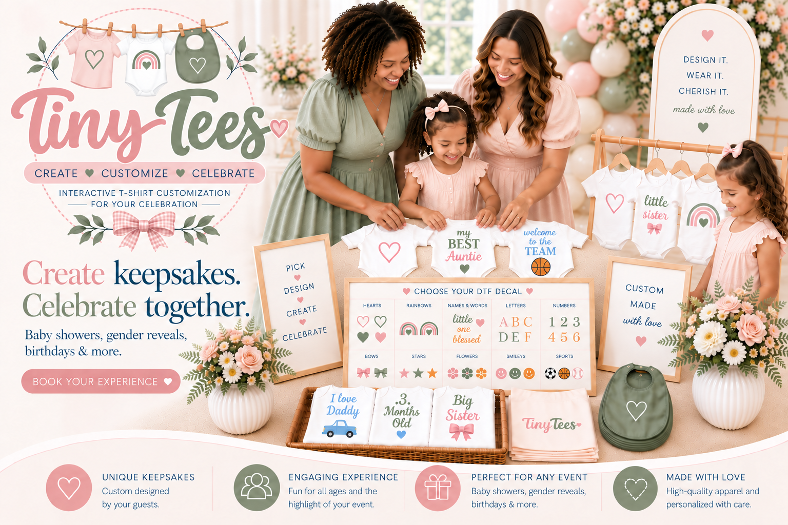Tiny Tees Celebration Station with guests customizing baby apparel and choosing DTF designs